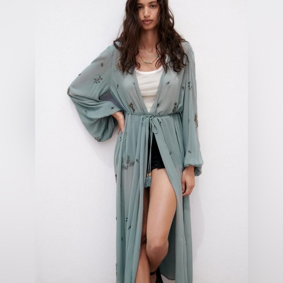 Zara Other - Zara Long Beaded Open Kimono Tie Waist Blue Limited Edition Duster
